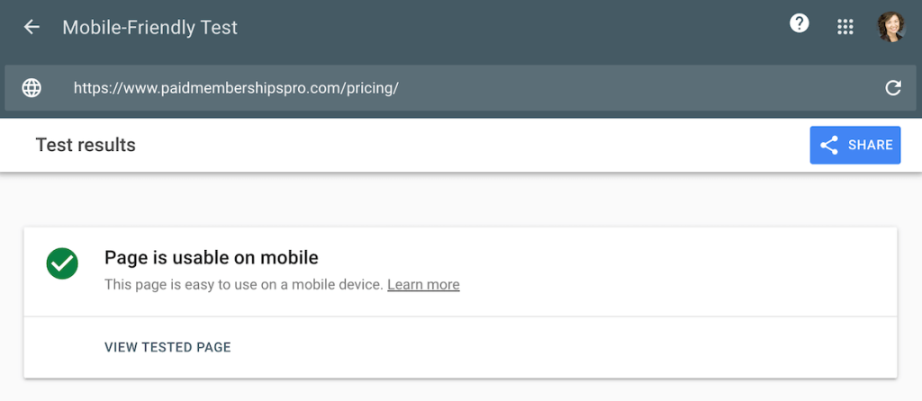 Google's Mobile Friendly Test for paidmembershipspro.com