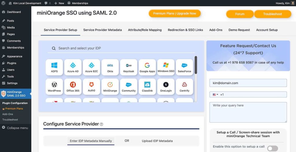 Screenshot in WordPress admin for miniOrange admin to select your Identity Provider (IDP)