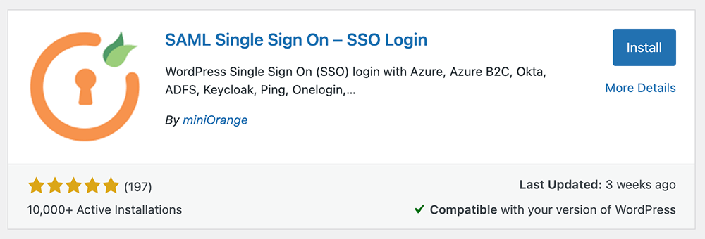 Screenshot SAML Single Sign On- SSO Login Install page on WordPress.org