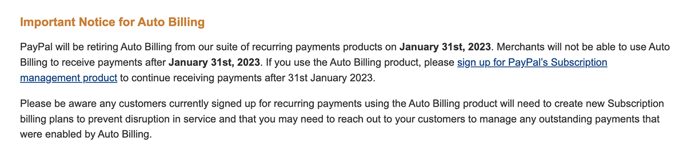 Screenshot of the notice shown on PayPal auto billing screen regarding the retired auto billing feature that is not used by Paid Memberships Pro