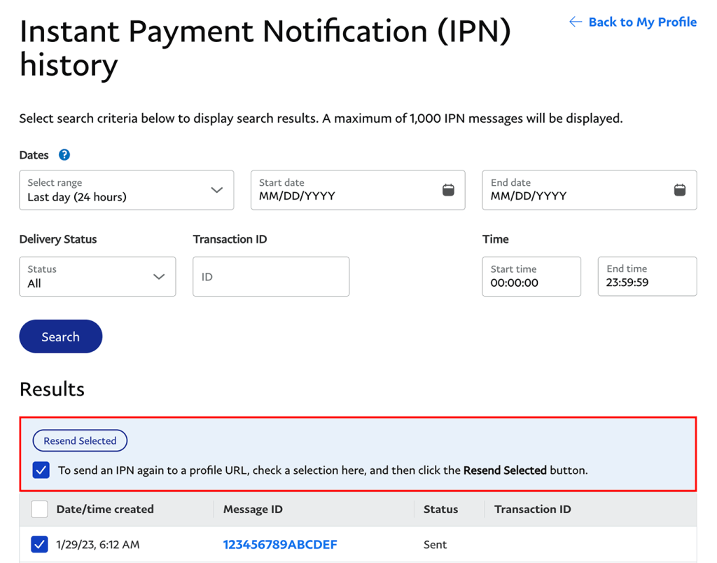 PayPal IPN history page with checkboxes to show how to resend IPN history in batch