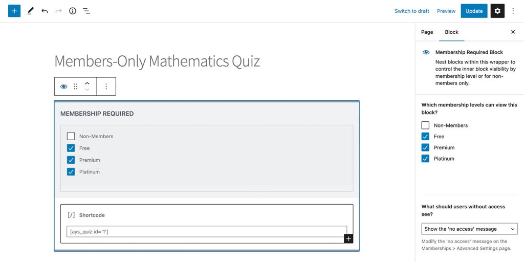 Protected Quiz Maker in Block Editor View on WordPress