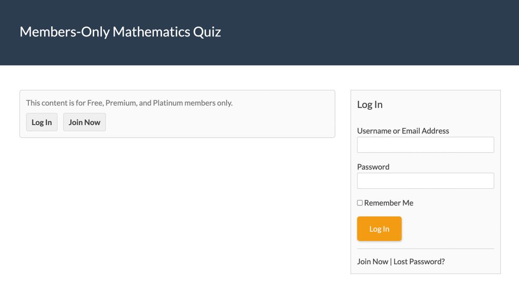 Member-Only Mathematics Quiz view of Non-Member or Logged out Member. 