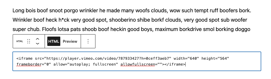 Screenshot of WordPress editor to embed link of Vimeo video