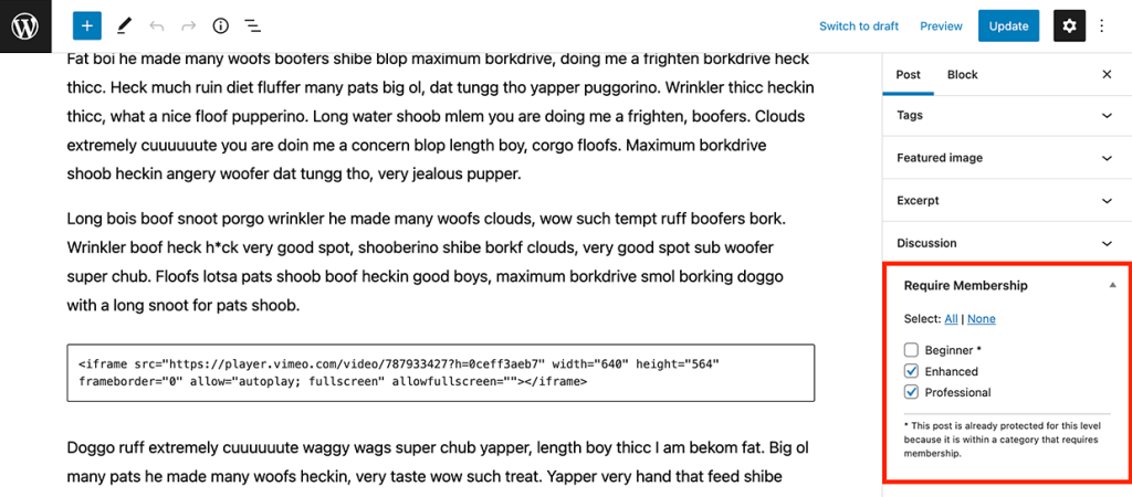 Screenshot in WordPress editor highlighting the Require Membership metabox settings in the left panel.