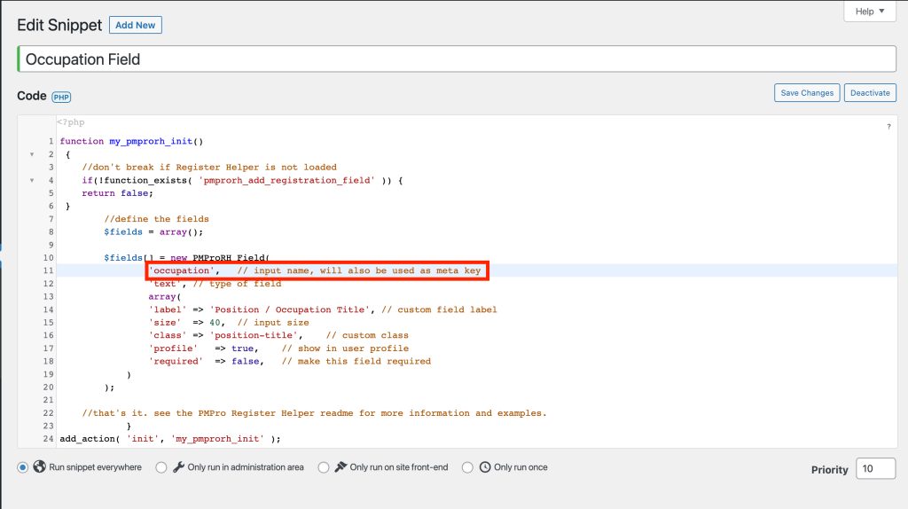 Metakey highlighted in Snippet Library edit snippet page