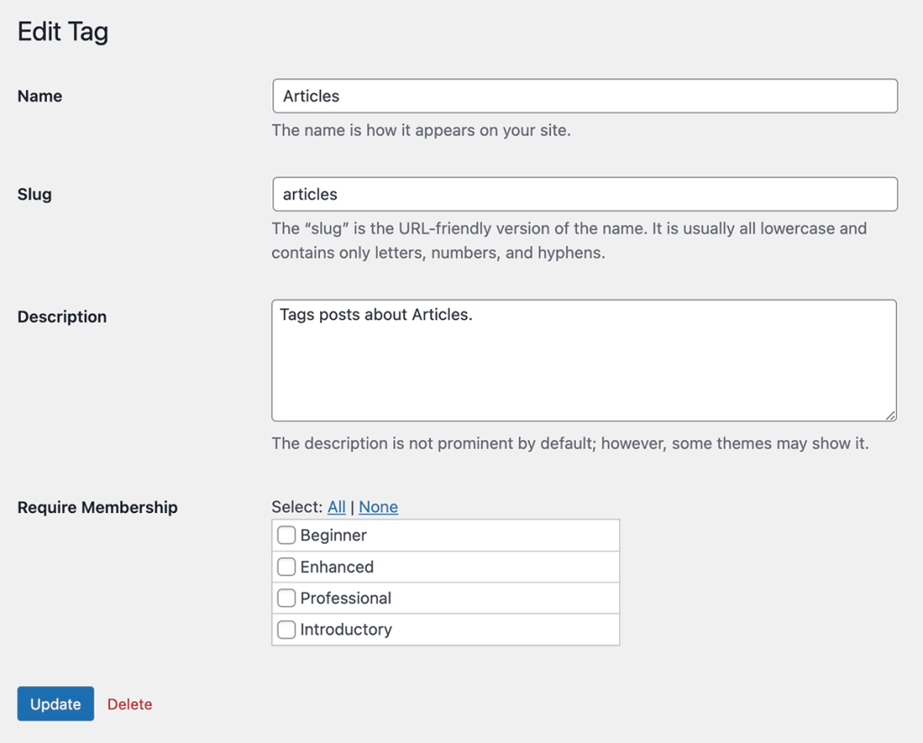 Navigate to Posts > Tags > Edit to protect a tag by membership level.