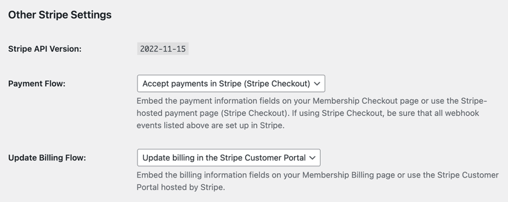 Stripe Checkout settings on the Memberships > Settings > Payment Gateway page in the WordPress admin