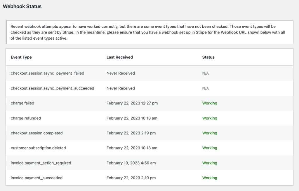 Webhook Status report on the Stripe gateway settings screen