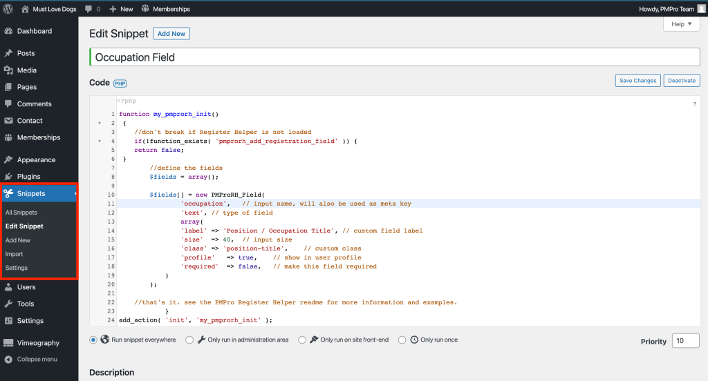 Screenshot highlighting Snippet plugin settings in WordPress admin