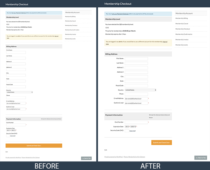 Image of the before and after for styling the checkout page with inline labels and inputs