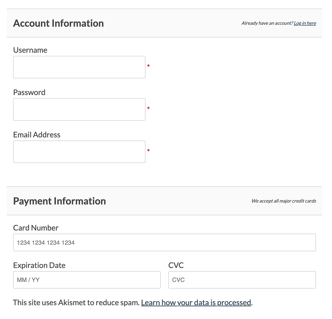 Membership checkout page with optional message shown about the Akismet service.