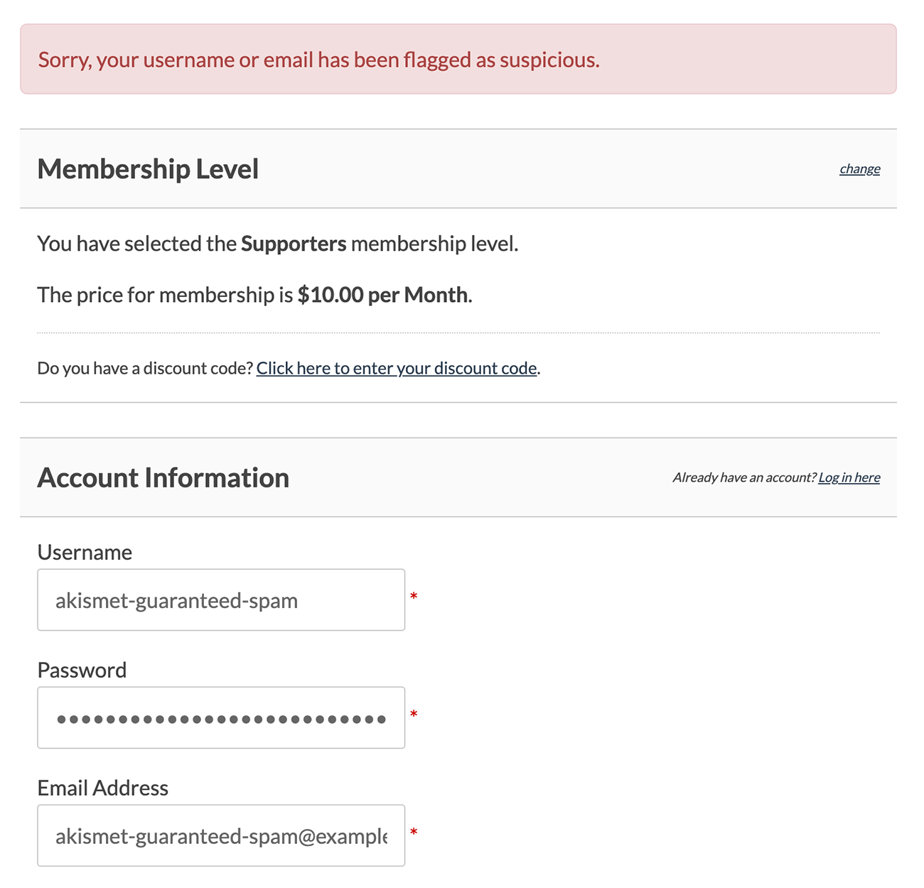 Message shown on a failed membership checkout in PMPro Akismet Add On when Akismet flags an email address as spam.