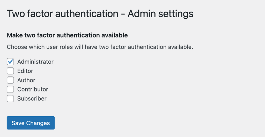 image of Two Factor Authentication Admin settings