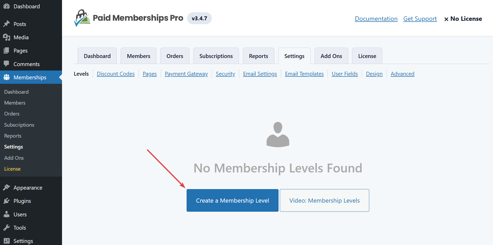 Screenshot showing Create Membership Level button