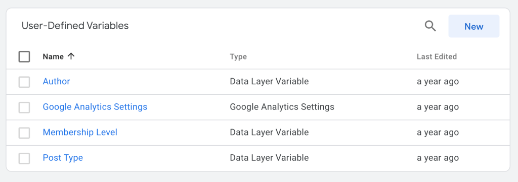 Screenshot of the Google Tag Manager Variables Created for Membership Level, Author, and Post Type