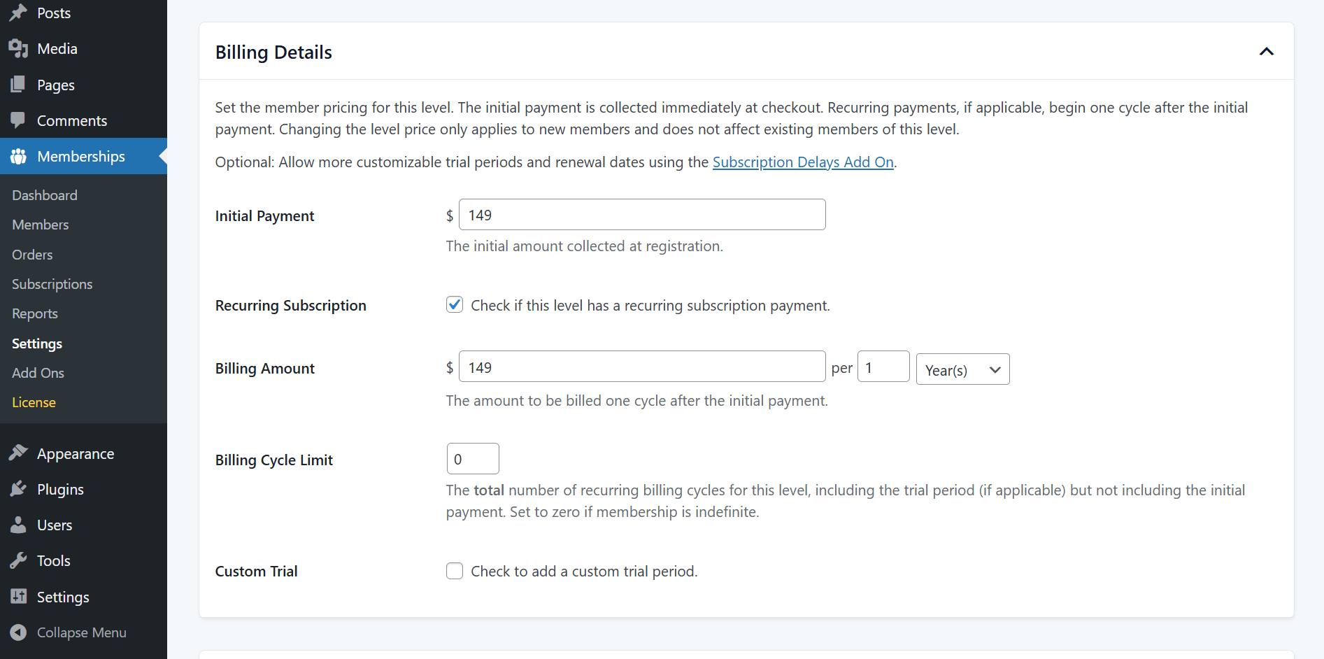 Screenshot of billing details for setting up new membership levels
