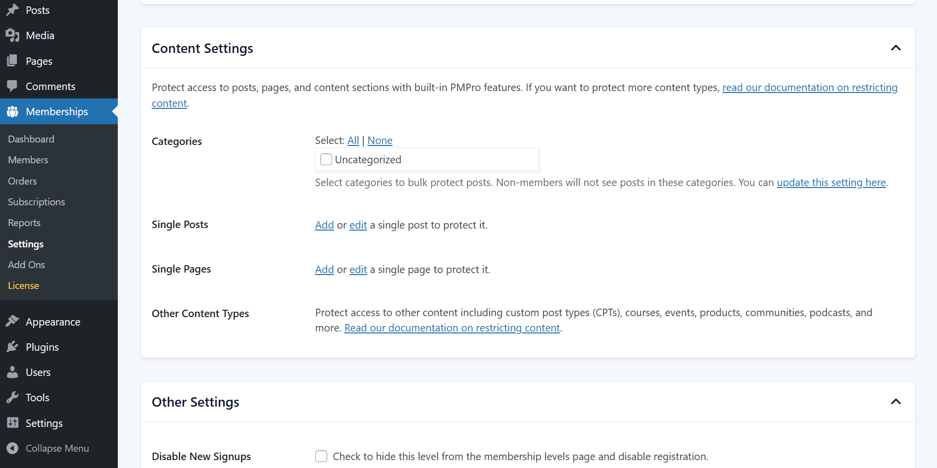 Screenshot of content settings for membership levels