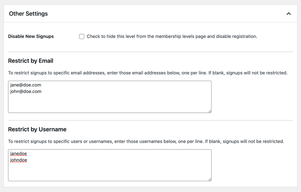 Screenshot of the Edit Membership level page with the Restrict by Email and Restrict by Username fields in Other Settings