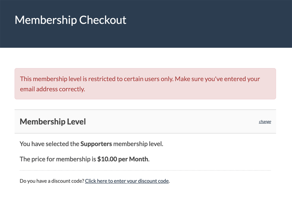 Restrict Email at Checkout - Screenshot of blocked membership checkout