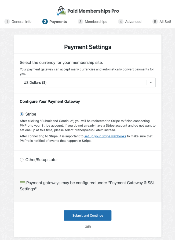 Paid Memberships Pro Setup Wizard Screenshot: Step 2 Payment Settings