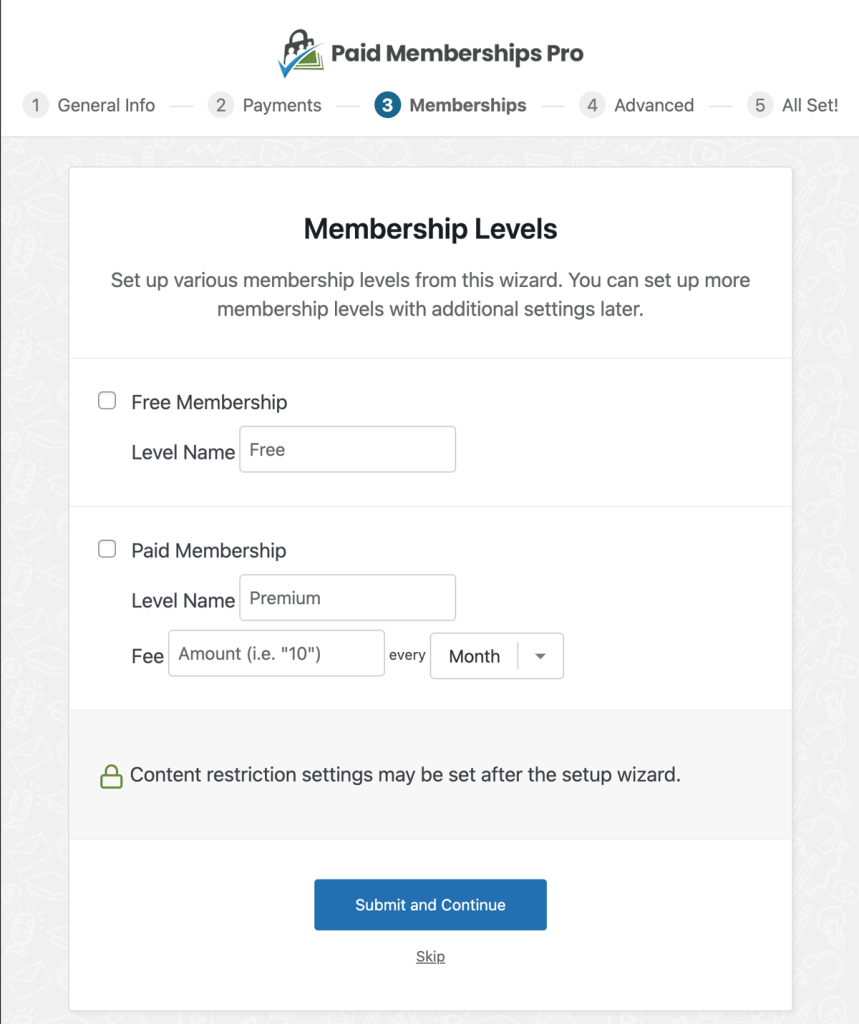 Paid Memberships Pro Setup Wizard Screenshot: Step 3 Membership Levels
