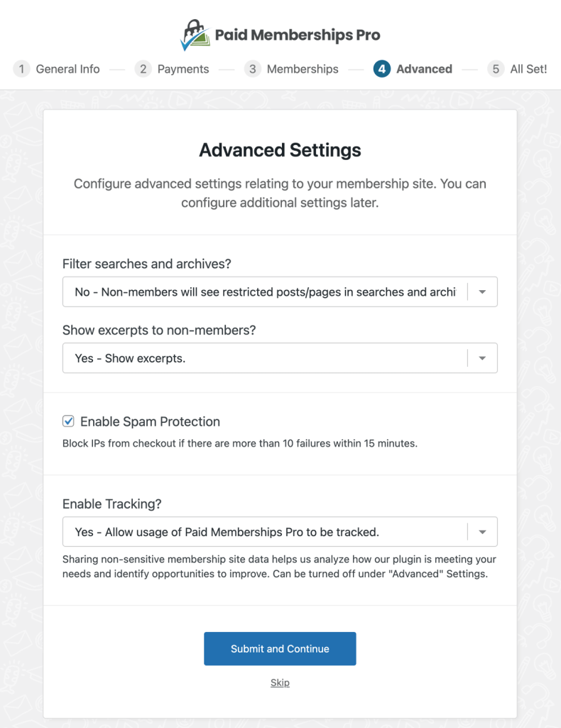 Paid Memberships Pro Setup Wizard Screenshot: Step 4 Advanced Settings