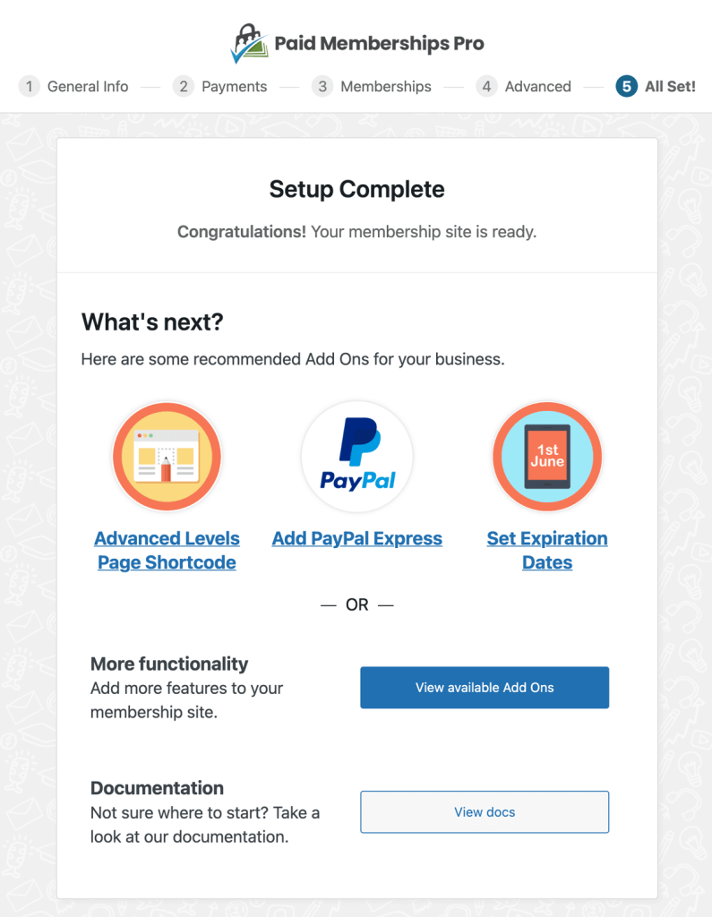 Paid Memberships Pro Setup Wizard Screenshot: Step 5 Setup Complete