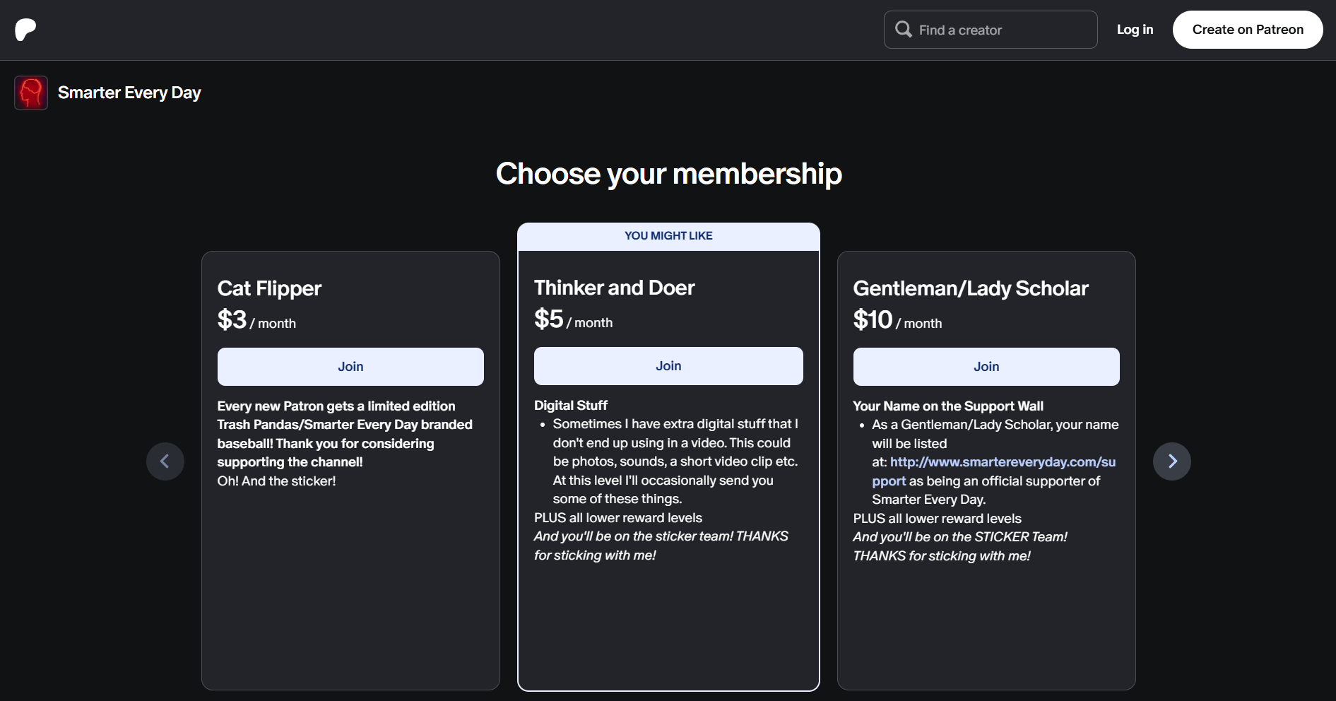 Smarter Every Day membership levels