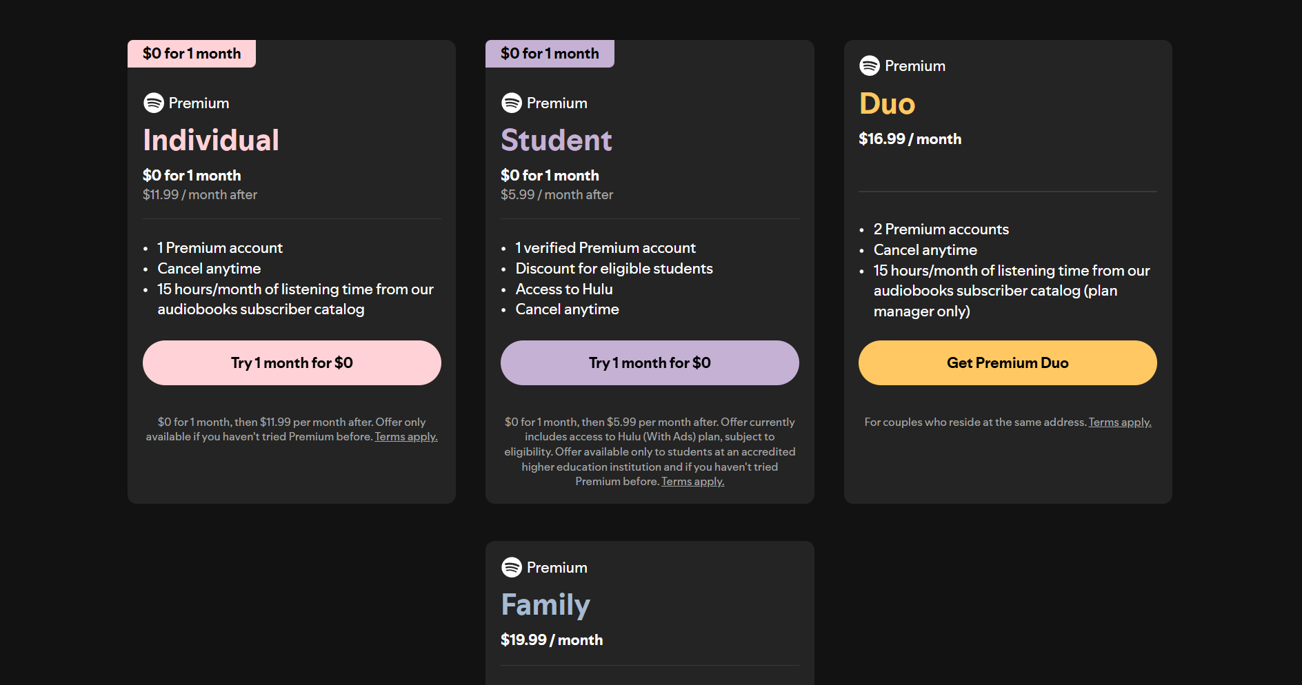 Screenshot of Spotify plans