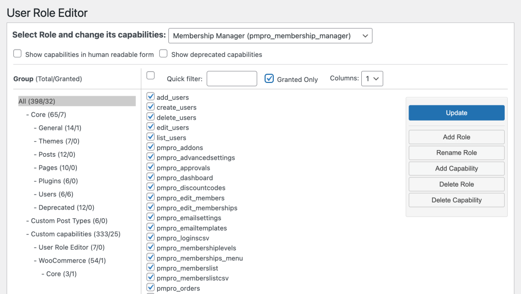 View capabilities of the Membership Manager role in User Role Editor settings screen