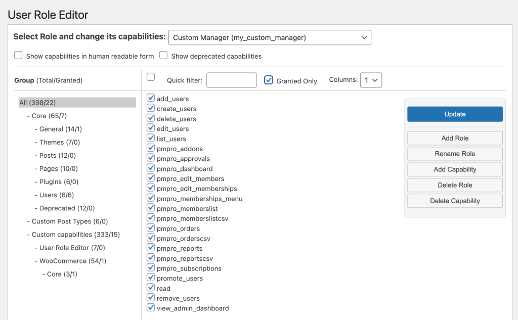 Customize the capabilities of your new custom role in the User Role Editor settings screen