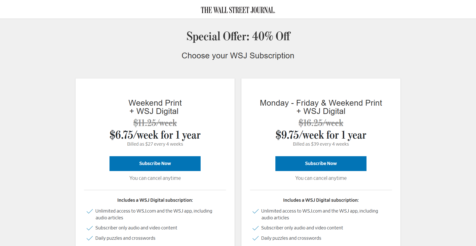 Screenshot of Wall Street Journal subscription levels