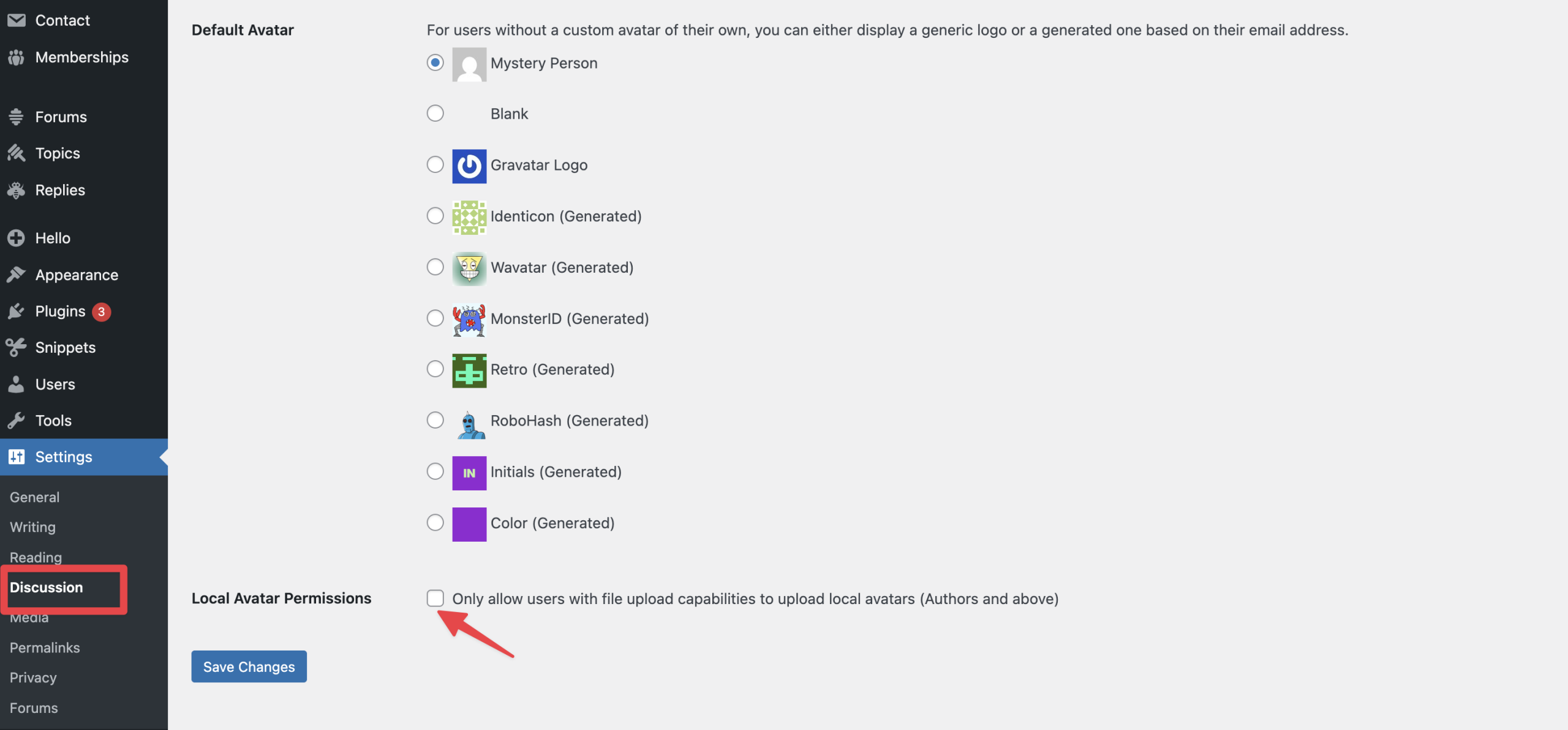 Screenshot of the Default Avatar Settings Area in WordPress with the Local Avatar Permissions Checkbox