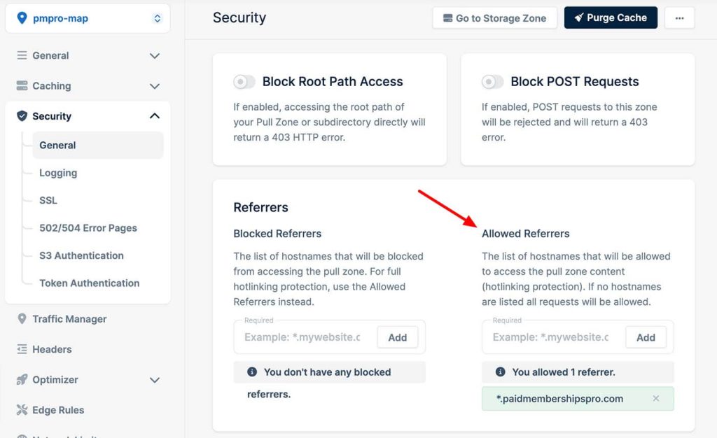 Bunny Dashboard > Set Storage Zone Allowed Referrers