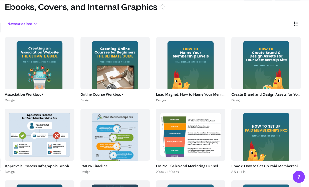 Image showcasing a Canva workspace with a folder filled with different eBook design projects, emphasizing the utility of Canva for creating diverse and visually appealing eBook covers and layouts