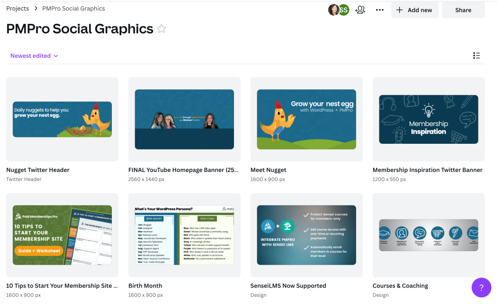 Picture of a Canva workspace highlighting a folder brimming with various social media graphic design projects, demonstrating Canva's versatility and ease-of-use for creating engaging social media content