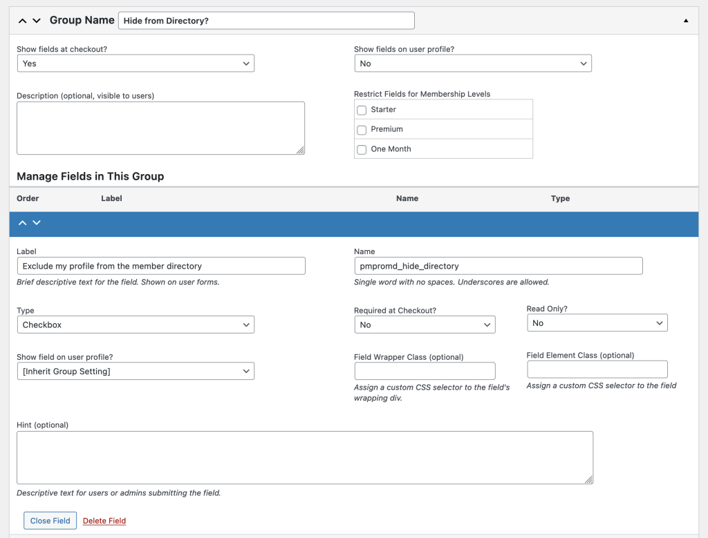 A screenshot of adding a user field in Paid Memberships Pro and