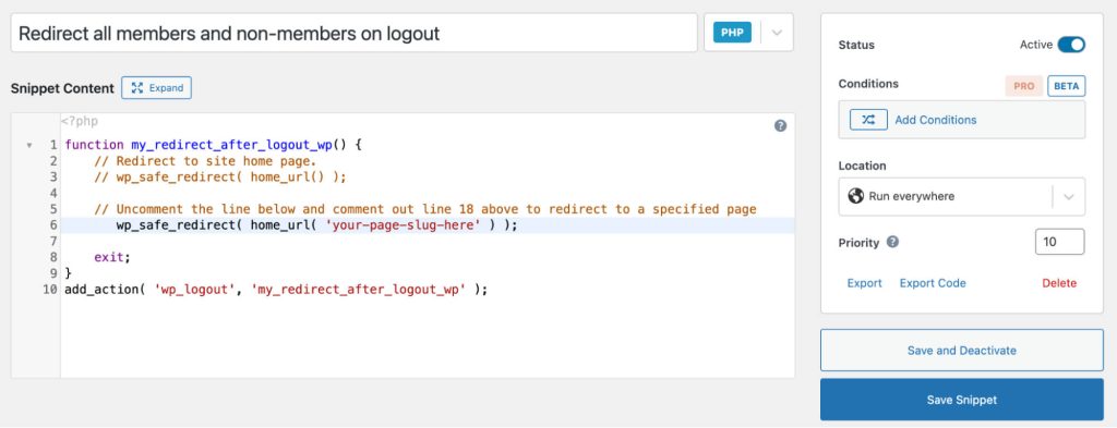 Screenshot of Redirect All Users On Logout Code Snippet