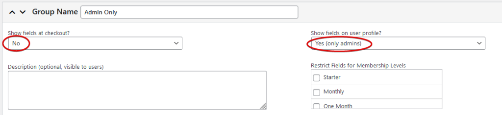 User Fields Group Name settings to indicate not showing fields at checkout and only showing fields to admin on user profile