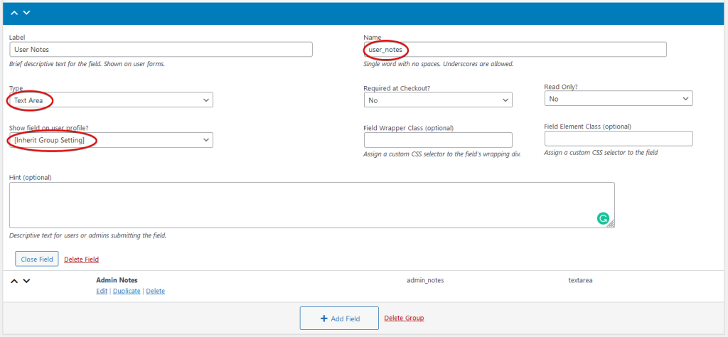 User Fields set up indicating name, type and show field on user profile settings