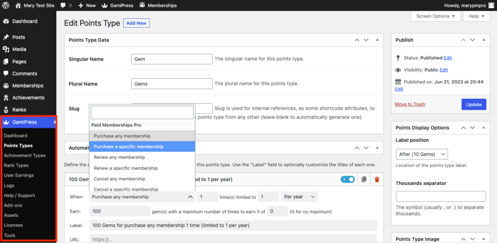 Screenshot of WP Admin in GamiPress integration