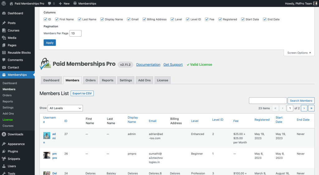 Paid Memberships Pro Members List