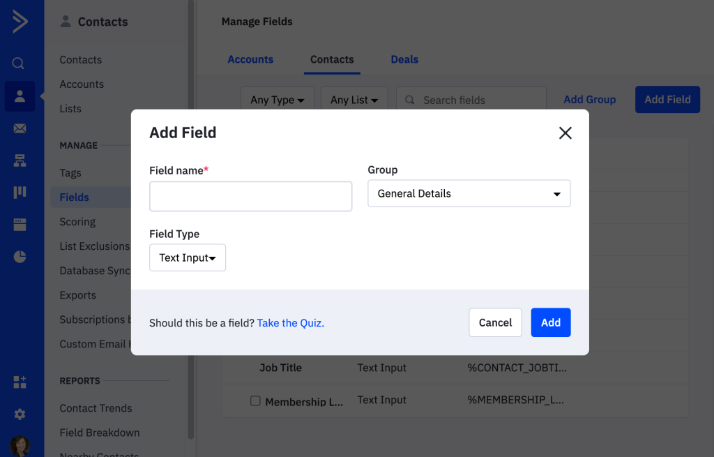 Add a new field in ActiveCampaign under Contacts > Fields