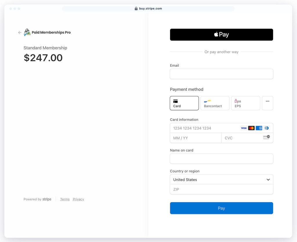 Screenshot of various payment methods with Stripe