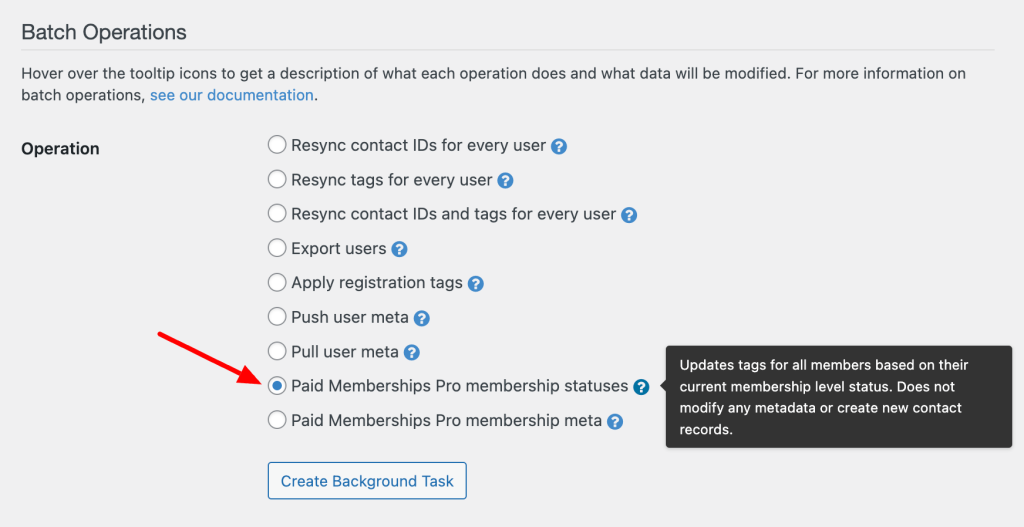 Screenshot of Advanced Batch Operations in WP Fusion in the WordPress admin