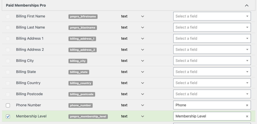 Associate CRM Contact Fields with WordPress User and Usermeta Fields in WP Fusion Settings