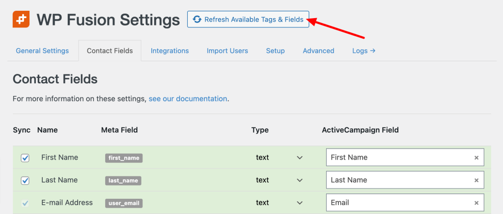 Refresh Custom CRM Tags and Fields in WP Fusion Settings on the Contact Fields Screen