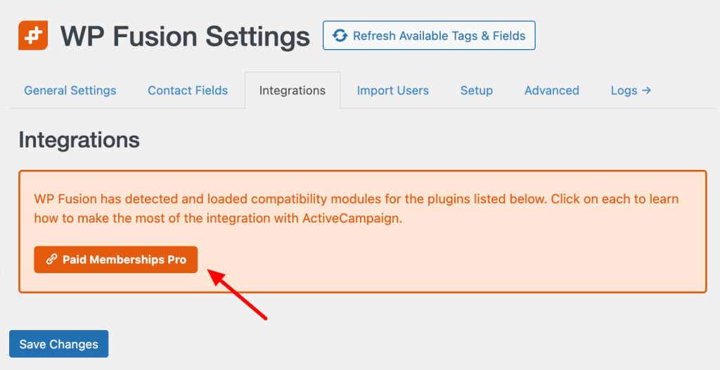 Verify that Paid Memberships Pro Integration is active in WP Fusion Settings under Integrations