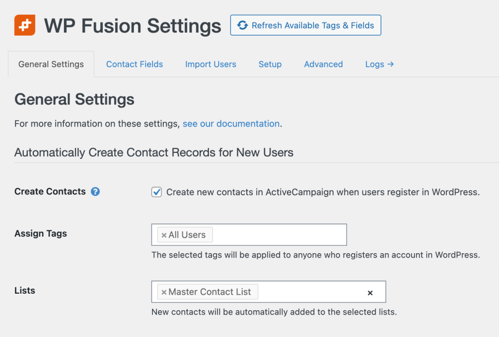 General Settings in WP Fusion to designate the All Users tags and Lists